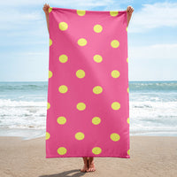 Autumn LeAnn Designs® | Brilliant Rose Pink with Dolly Yellow Polka Dots Beach Towel