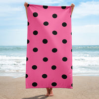 Autumn LeAnn Designs® | Brilliant Rose Pink with Black Polka Dots Beach Towel
