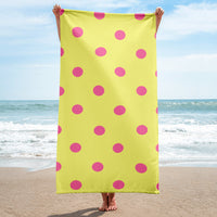 Autumn LeAnn Designs® | Dolly Yellow with Brilliant Rose Pink Polka Dots Beach Towel