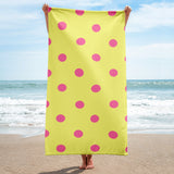 Autumn LeAnn Designs® | Dolly Yellow with Brilliant Rose Pink Polka Dots Beach Towel