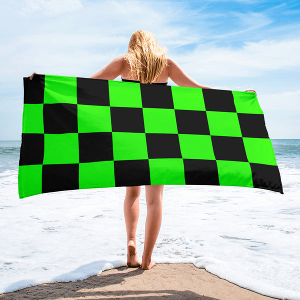 Autumn LeAnn Designs® | Black and Bright Green Checkers Beach Towel