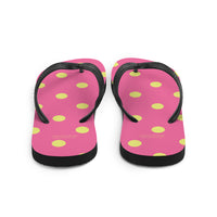 Autumn LeAnn Designs® | Adult Flip Flops Shoes, Polka Dots, Rose Pink & Yellow