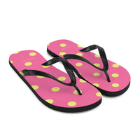 Autumn LeAnn Designs® | Adult Flip Flops Shoes, Polka Dots, Rose Pink & Yellow