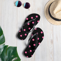 Autumn LeAnn Designs® | Adult Flip Flops Shoes, Polka Dots, Black & Pink
