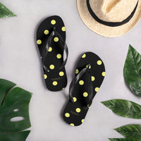 Autumn LeAnn Designs® | Adult Flip Flops Shoes, Polka Dots, Black & Yellow