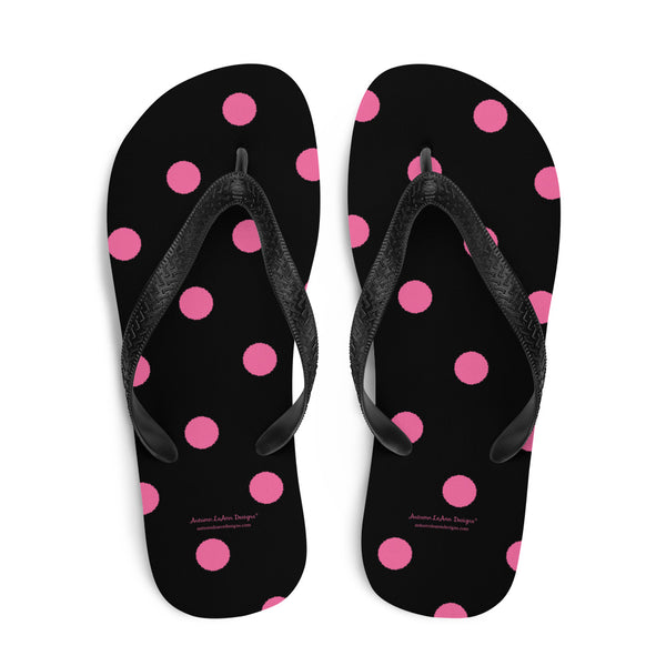 Autumn LeAnn Designs® | Adult Flip Flops Shoes, Polka Dots, Black & Pink