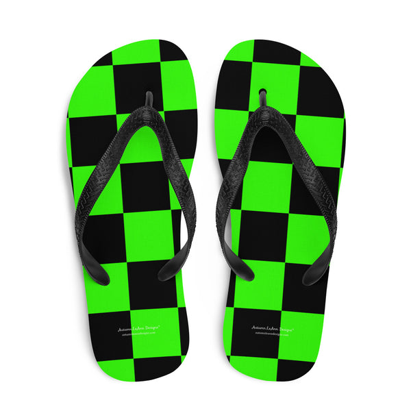 Autumn LeAnn Designs® | Adult Flip Flops Shoes, Checkers, Bright Neon Green & Black