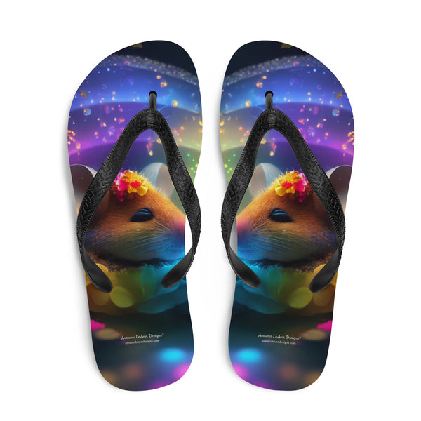 Autumn LeAnn Designs® | Adult Flip Flops Shoes, Cute Mouse in Flowers, Rainbow