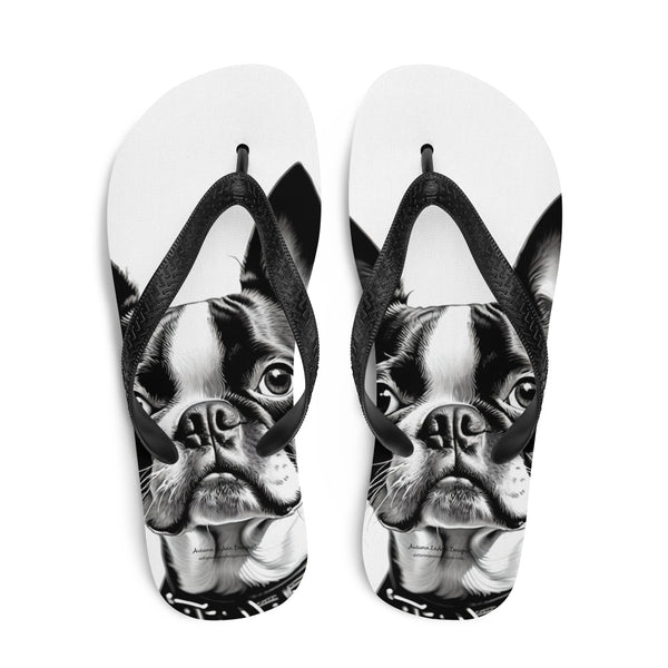 Autumn LeAnn Designs® | Adult Flip Flops Shoes, Boston Terrier Dog, White